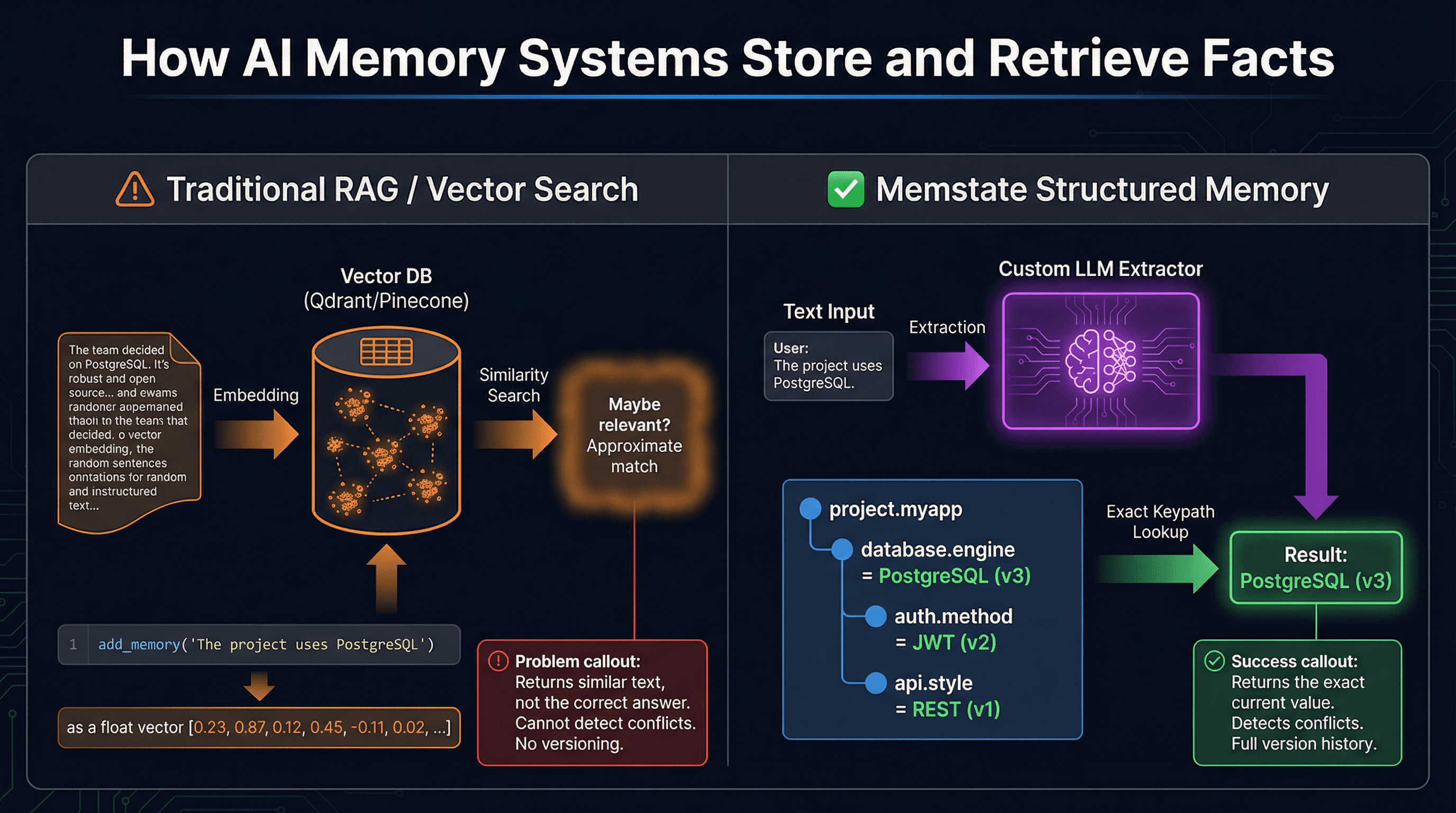 Diagram comparing traditional RAG vector search to Memstate structured memory